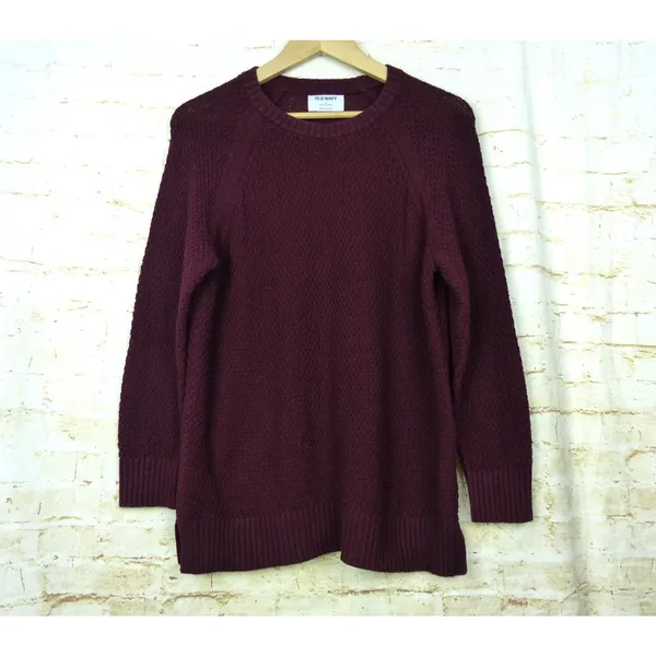 Old Navy Textured Knit Tunic Sweater Women S Burgundy Cotton Crew Cozy Relaxed - Image 4