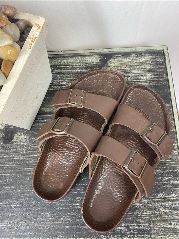 Birkenstock Leather Brown Slip On Sandals 38 7 - Image 2