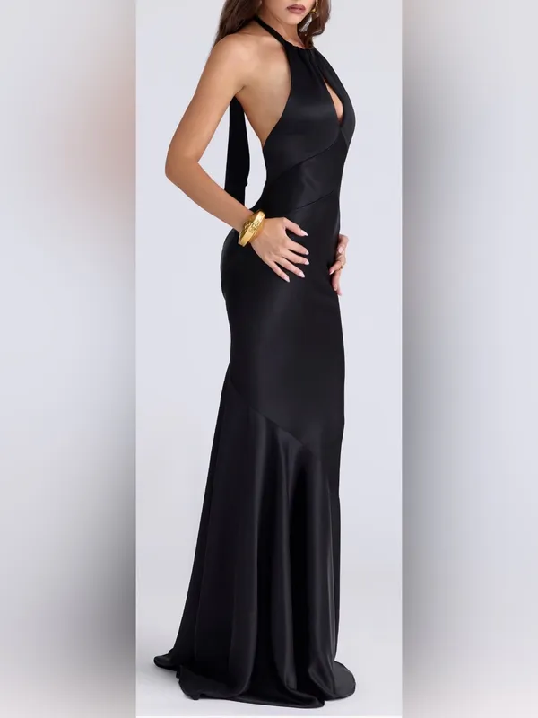 NEW House of CB Oliviana Halter cutout Black Satin Maxi gown sz XS - Image 3