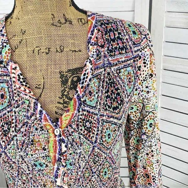Maeve Anthropologie‎ Tiled Amethyst Dress XS Smocked Long Sleeve Boho Mosaic - Image 6