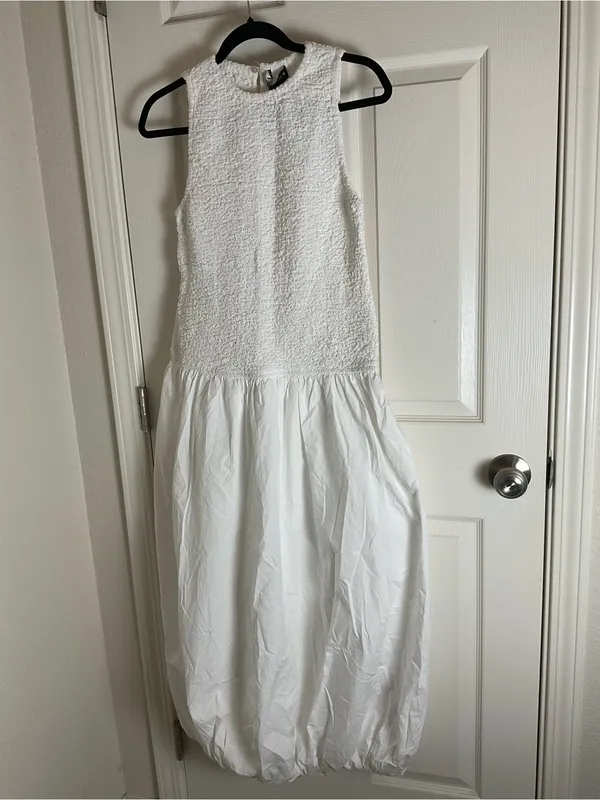 NWT Zara White Textured Poplin Bubble Hem Midi Dress Size M - Image 2