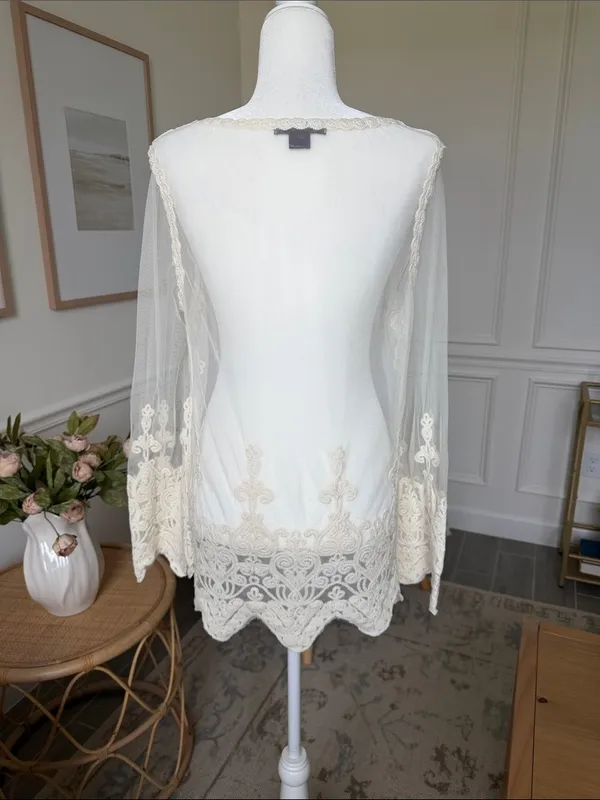 Rock & Roll Cowgirl Romantic Ivory Embroidered Lace Boho Tunic Western Top S - Image 6