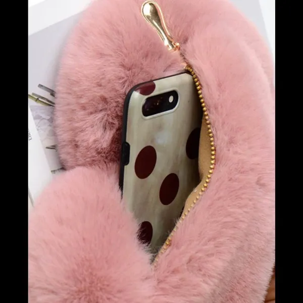 🔴Heart Fur Crossbody Zipper Purse with gold tone chain - Pink - Image 3