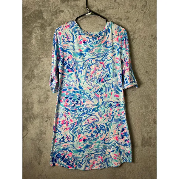 Lilly Pulitzer Preston Dress Breakwater Party Wave Blue Pink Shift Tie Sleeve SM - Image 4