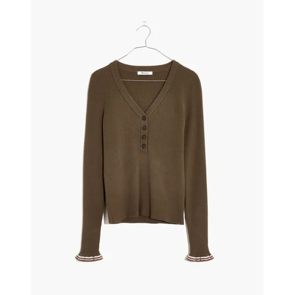 Madewell | Olive Ruffle-Cuff Henley Sweater | Medium - Image 3
