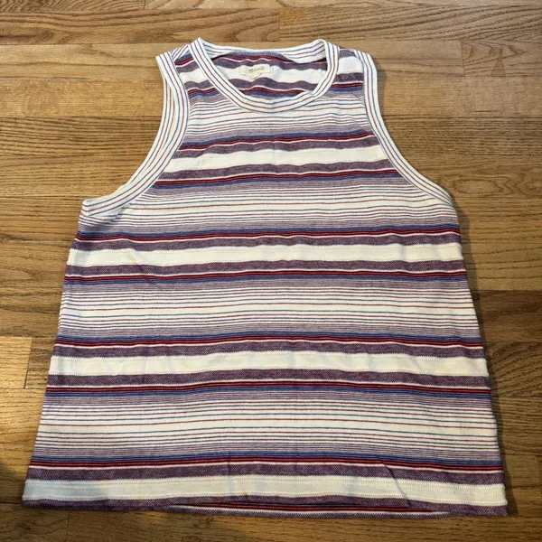 Madewell Striped High Neck Tank Top Red White Blue Cotton Blend‎ Size L - Image 2
