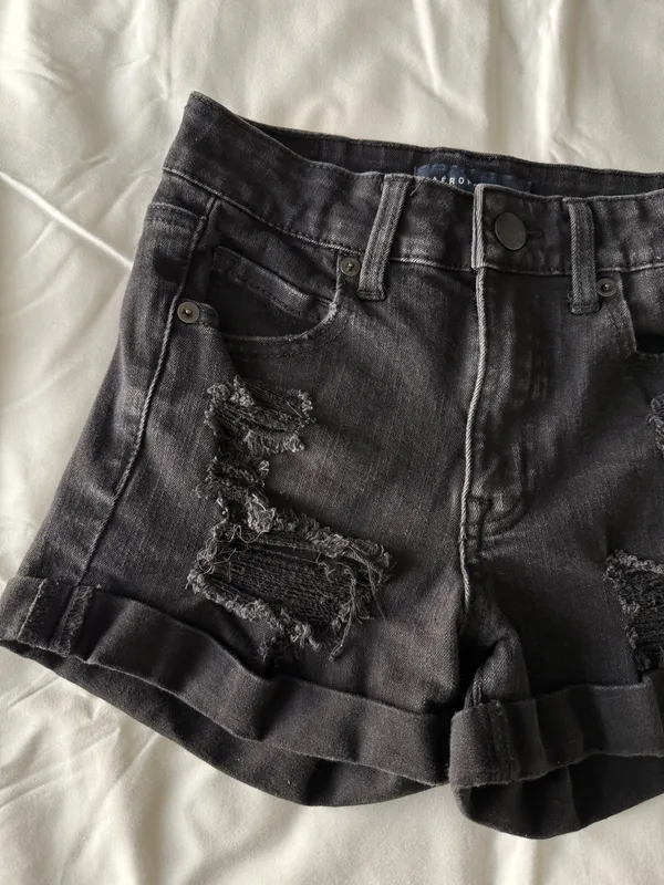 Black Destroyed High Rise Midi Jean Shorts - Image 2