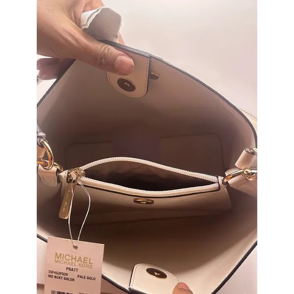 Michael Kors Pratt Medium Bucket Shoulder Bag Tote Pale Gold MK Logo Purse NWT - Image 3