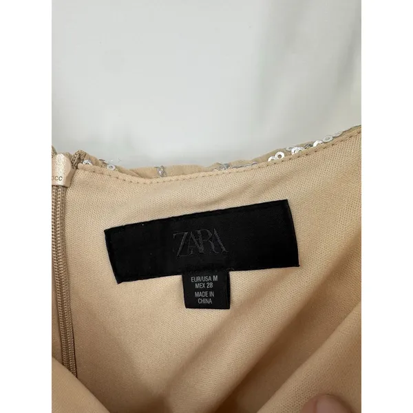 Zara Sequin Mini Dress Women Medium Tan Festival Retro Preppy New Year Glam - Image 5