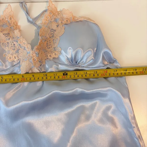 Pastel Blue Satin Lace Chemise Nightgown Cream Floral Embroidery Ethereal Dress - Image 6