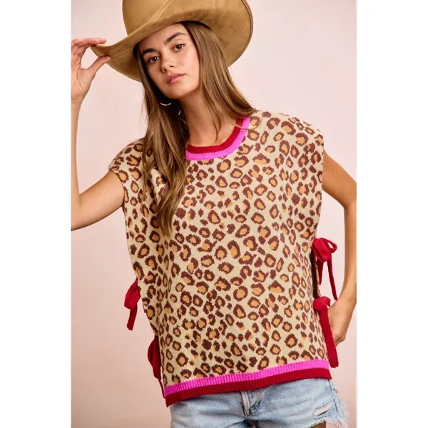 BiBi Leopard Pattern Side Tied Sweater Vest Top - Image 7