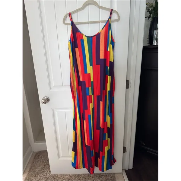 Sleeveless Multicolor Geometric Maxi Dress - Bright Stripe Print - Image 2