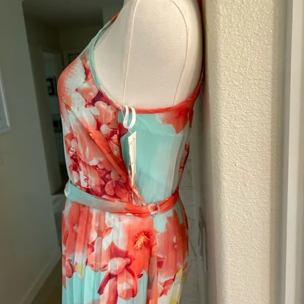 B. Darlin Long Maxi Pleated Dress, Aqua/Coral, Size 1/2, NWT - Image 3
