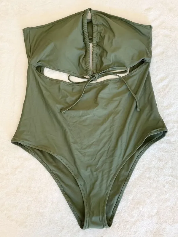 NWT Aerie Ruched Cut Out Cheeky One Piece in Olive Green - Size:Extra Large - Image 2