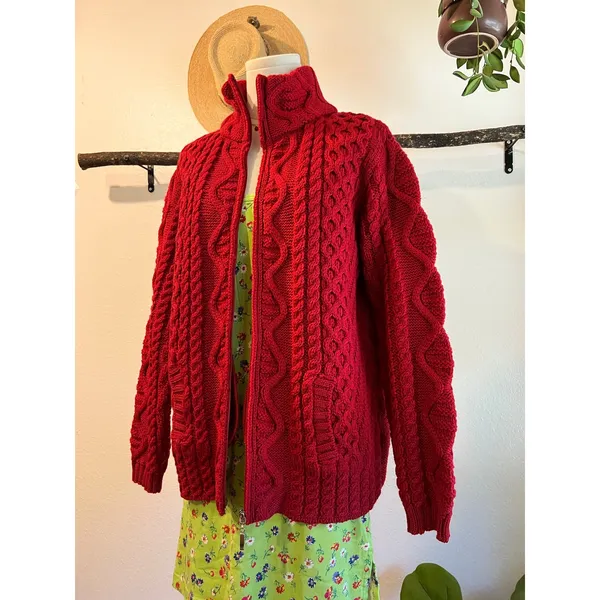 Aran Craft Ireland Red 100% Wool Made in Ireland Cardigan Sweater Size Large - Image 7
