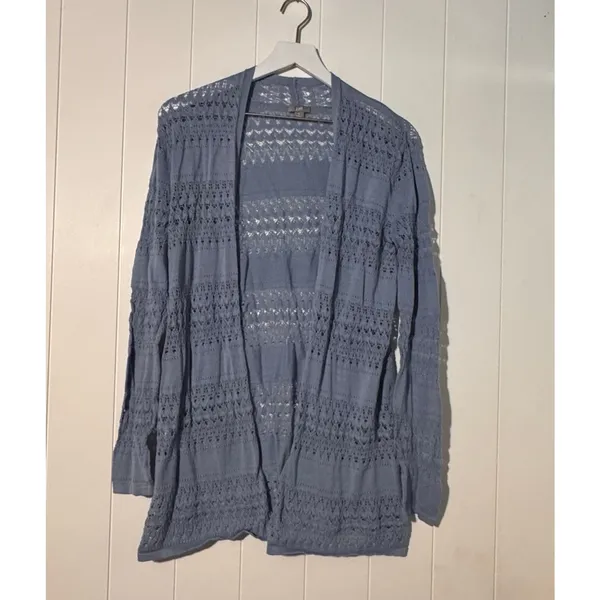 J Jill Open Front Cardigan Womens Medium Blue Open Knit 100% Mercerized Cotton - Image 2