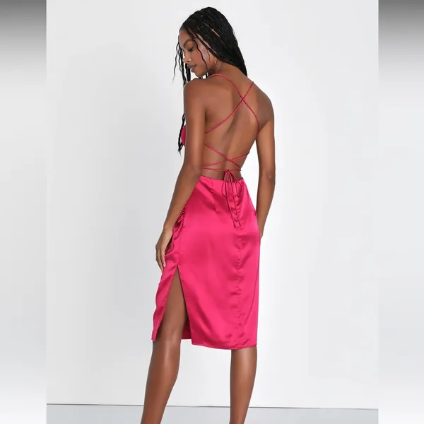 Lulus Size Medium Always Luminous Magenta Satin Ruched Lace-Up Dress. - Image 3