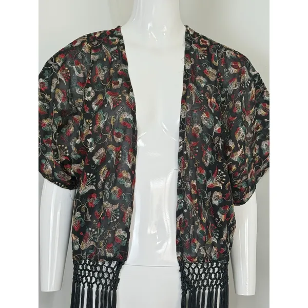 Forever 21 Women’s Sheer Kimono Cardigan Black Embroidered Fringe Boho Festival Size S - Image 5