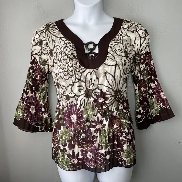 Signature Larry Levine Top Size Large Pleated Artsy Floral Whimsigoth Romantic - Image 2