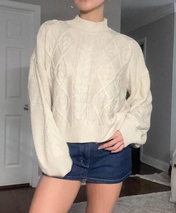 SheIn tan beige cable knit mock neck puff sleeve oversized sweater - Image 2