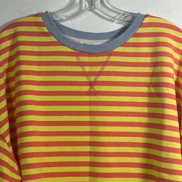 UEU Yellow Orange Striped Sweatshirt Blue Trim Crew Neck Pullover Large - Image 5