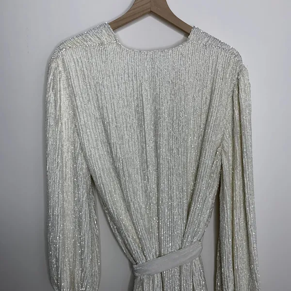 Retrofête Gabrielle Robe Sequins Wrap Mini Dress in Moonglow White Womens XS - Image 10