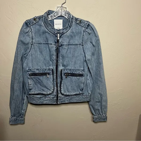 Avec Les Filles Anthro‎ Denim Multi Zipper Pocket Bomber Jacket - Image 2
