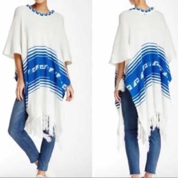 060- Wildfox Frida Traveler Fringe Oversized Blue White Sweater Poncho Size Smal - Image 2