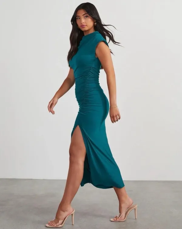 ✨VICI Elisabeth Mock Neck Side Slit Ruched Midi Teal Sz Medium Dress✨ - Image 5