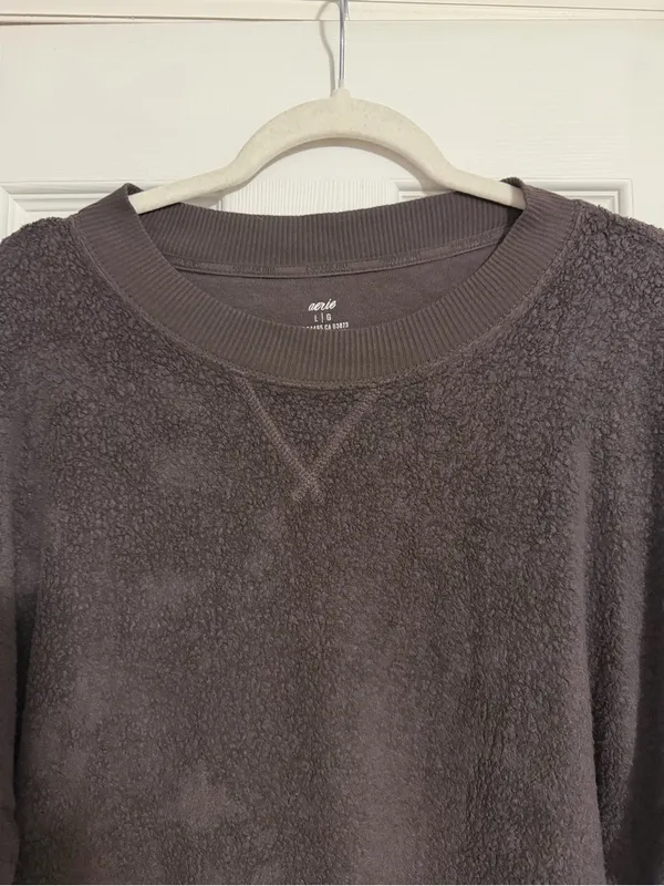 Aerie chilled out Cozy brown sherpa crewneck Pullover‎ Sweatshirt size large - Image 2