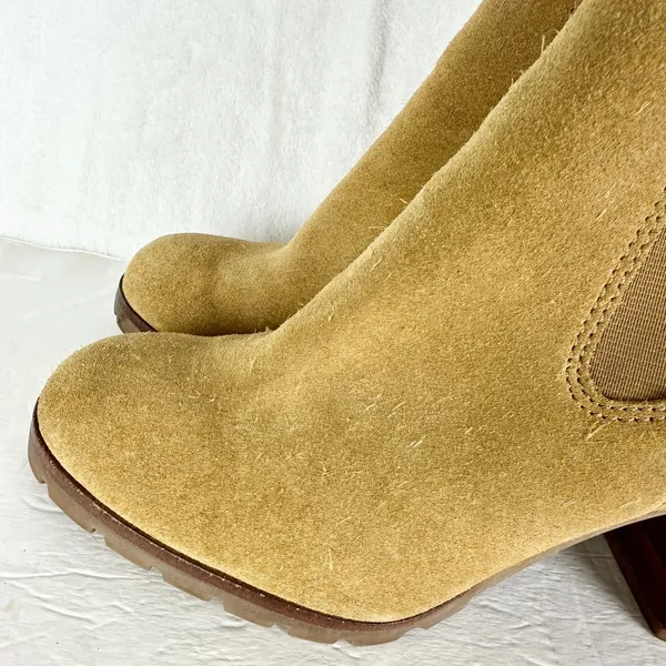 Tory Burch Stafford Suede Ankle Boots Size 8 Tan Beige Pull On Wood Block Heel - Image 6