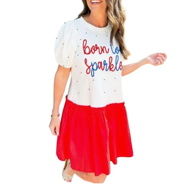 Peach Love Born To Sparkle Dress Womens Medium White Red Fourth‎ of July Festive - Image 2