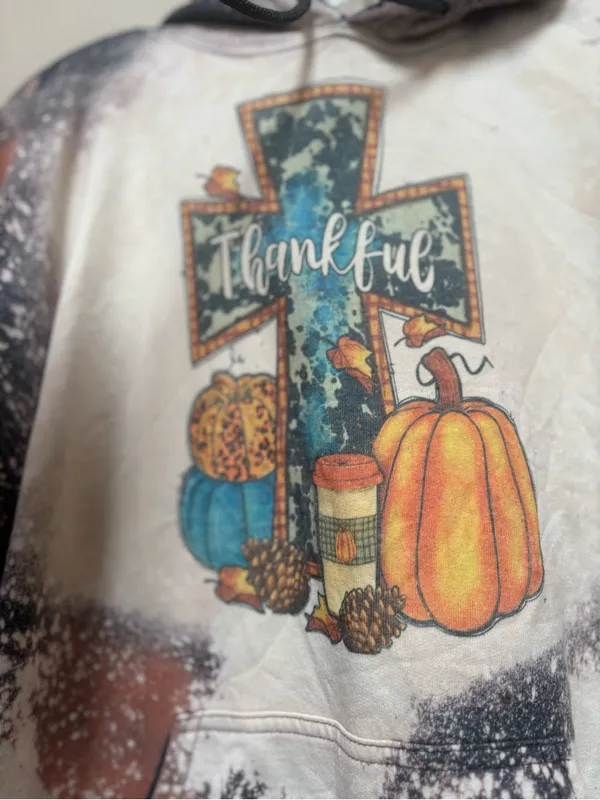 Fallcore Thankful Pumpkin Bleach Wash Hoodie M Rustic Autumn Gildan - Image 3