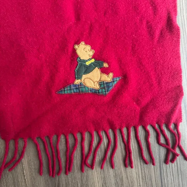 Vintage Donaldson Walt Disney Co. Winnie The Pooh Embroidered Wool Scarf Red - Image 2