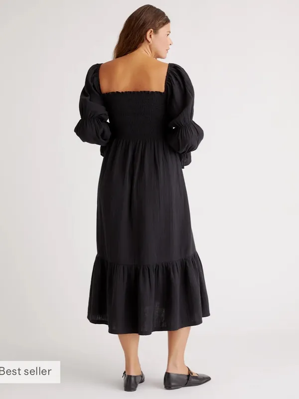 Quince 100% Organic Cotton Gauze Maternity Smocked Midi Dress Black Large - Image 4