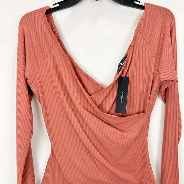 Lulus All Day Fave Rusty Rose Ribbed Surplice Long Sleeve Top Stretch XL NWT - Image 8