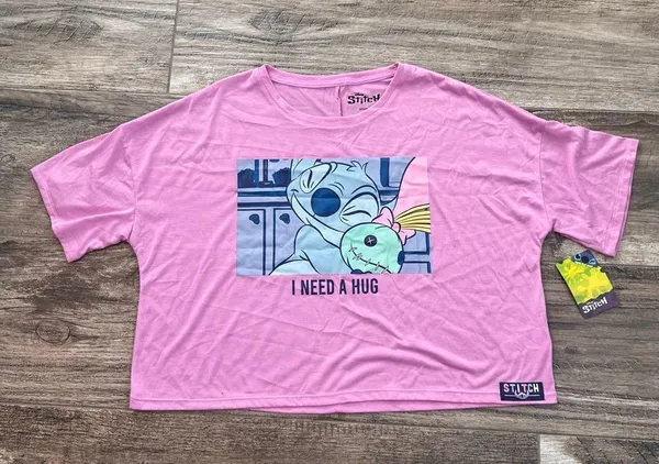 Disney Stitch Angel Hugging '' I NEED A HUG''Crop T-Shirt PURPLE/PINK MEDIUM #18 - Image 2