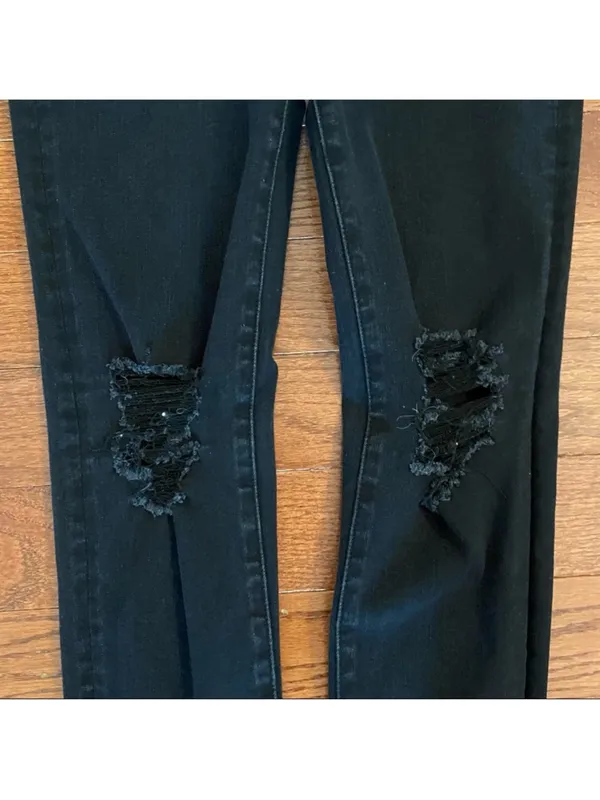 American Eagle Dream Jean Hi-Rise Jegging Distressed Raw Hem Black Skinny Jeans - Image 5