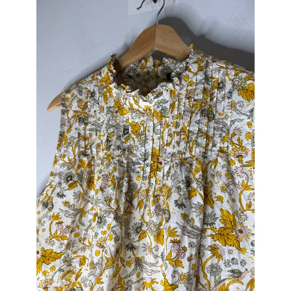 J crew XXL Yellow Floral Pintuck Ruffle Neck Cotton sleeveless Blouse BL078 - Image 3