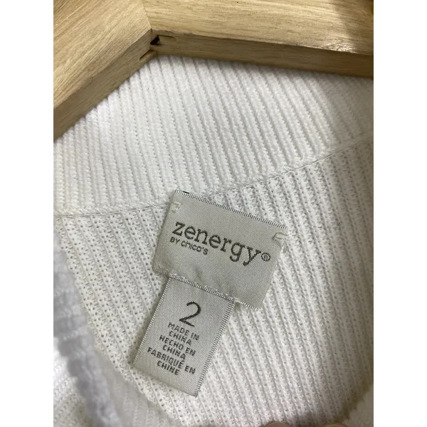 Chicos White Cashmere Cotton Pullover‎ Sweater Sz 2 L High Neck Ribbed Minimal - Image 6
