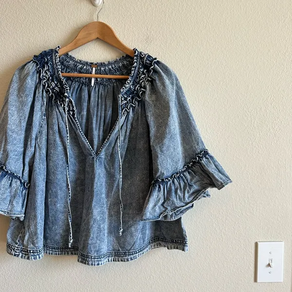 Free People Washed Denim Smocked Top - Image 5