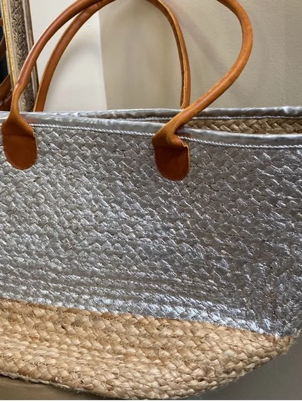 Metallic Silver & Natural Jute Tote with Tan Handles - Image 2