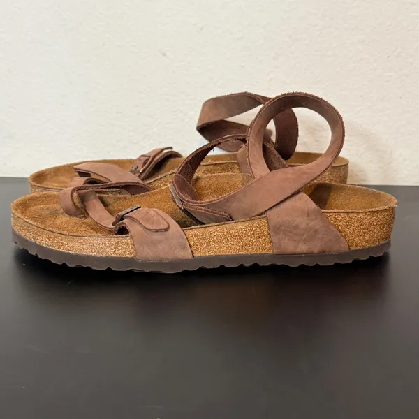 Birkenstock Yara Sandals Mens 9 Womens 11 Brown Leather Ankle Wrap Toe Loop - Image 7