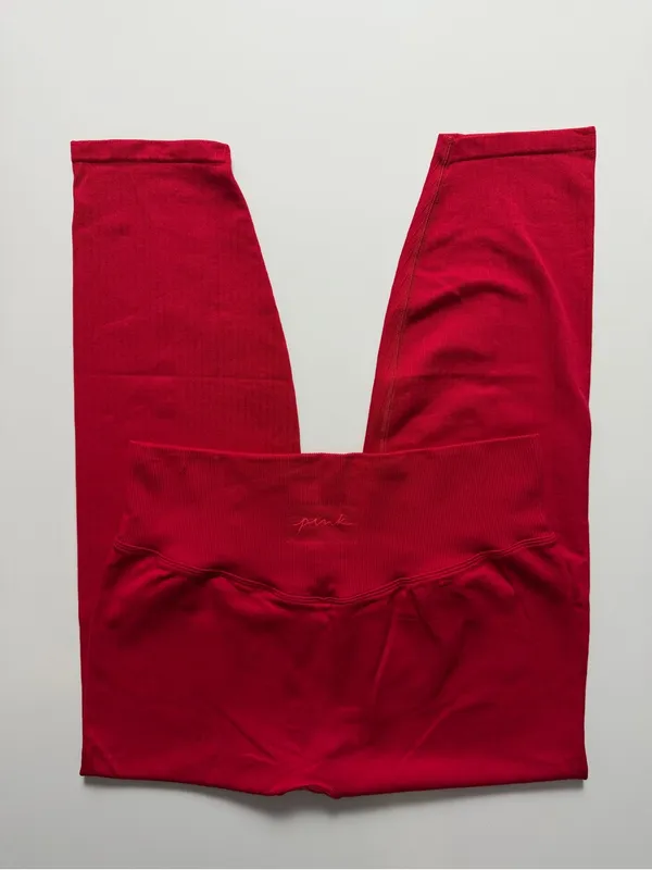 PINK VS Active High Rise Ribbed Seamless Leggings, Red, Size L - Image 3
