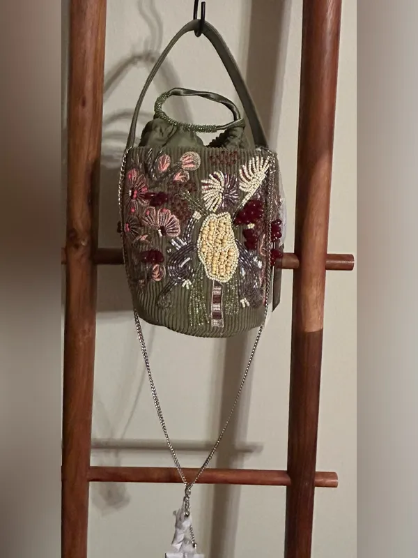 From India to You Beaded Botanical Corduroy Bucket Bag - Image 2