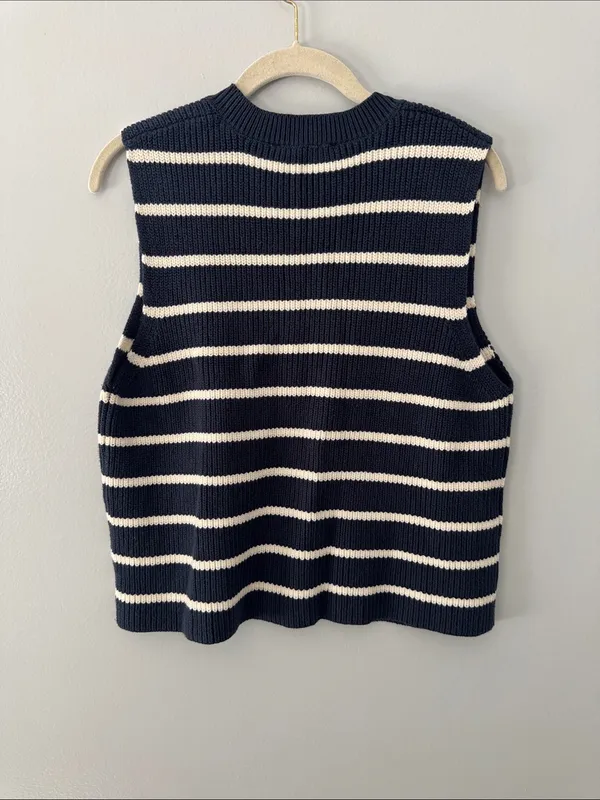 Zara Navy and Cream Striped Knit Vest Size Large Summer Travel Business Casual - Image 5