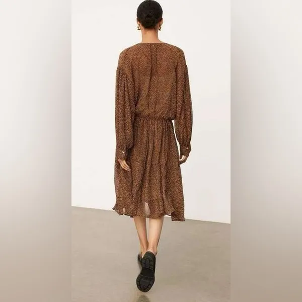 Vince Starry Dot Womens Dress M Medium Brown Long Sleeve Shirred Midi‎ $495 - Image 3