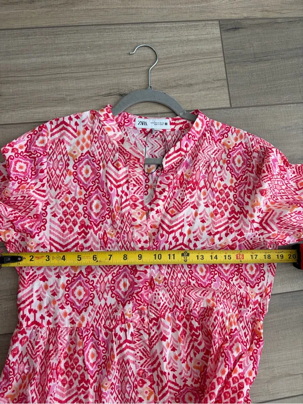 Zara Pink Red Ikat Geometric Print 3/4 Sleeve Tiered Skirt Boho Maxi Dress NWOT - Image 6