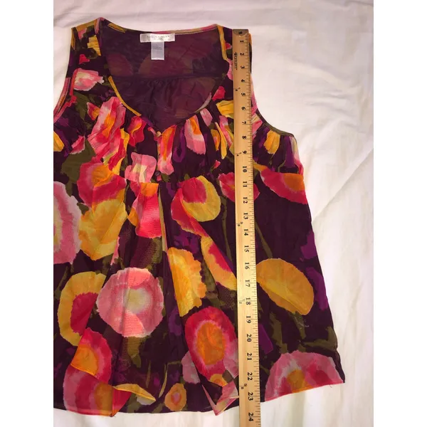 August Silk Mesh Top Size L Abstract Floral Red Purple Y2K Buttons Tank Babydoll Flowy Cool - Image 7