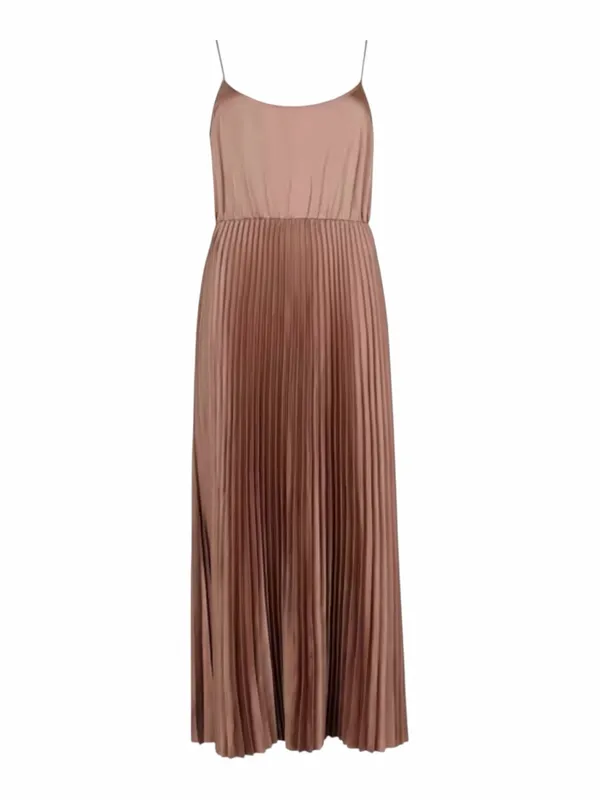 All Saints Pleated Satin Dress Size XS Brown Sleeveless Square Neck Maxi Pockets - Image 10